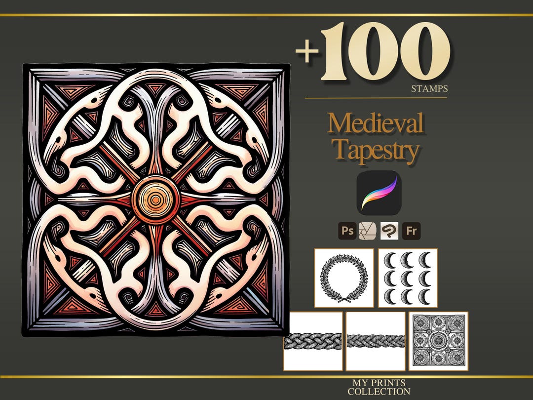 Tapestry Medieval Procreate Stamps & Photoshop Brushes – 100+ Woodcut ...