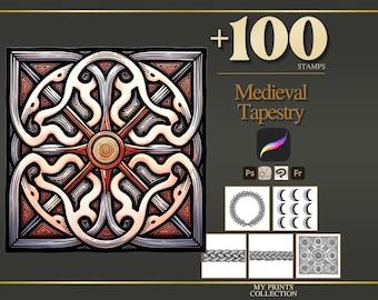 Tapestry Medieval Procreate Stamps & Photoshop Brushes – 100+ Woodcut Tattoo, Digital Art, Clipart, Line Art, Brush Pack