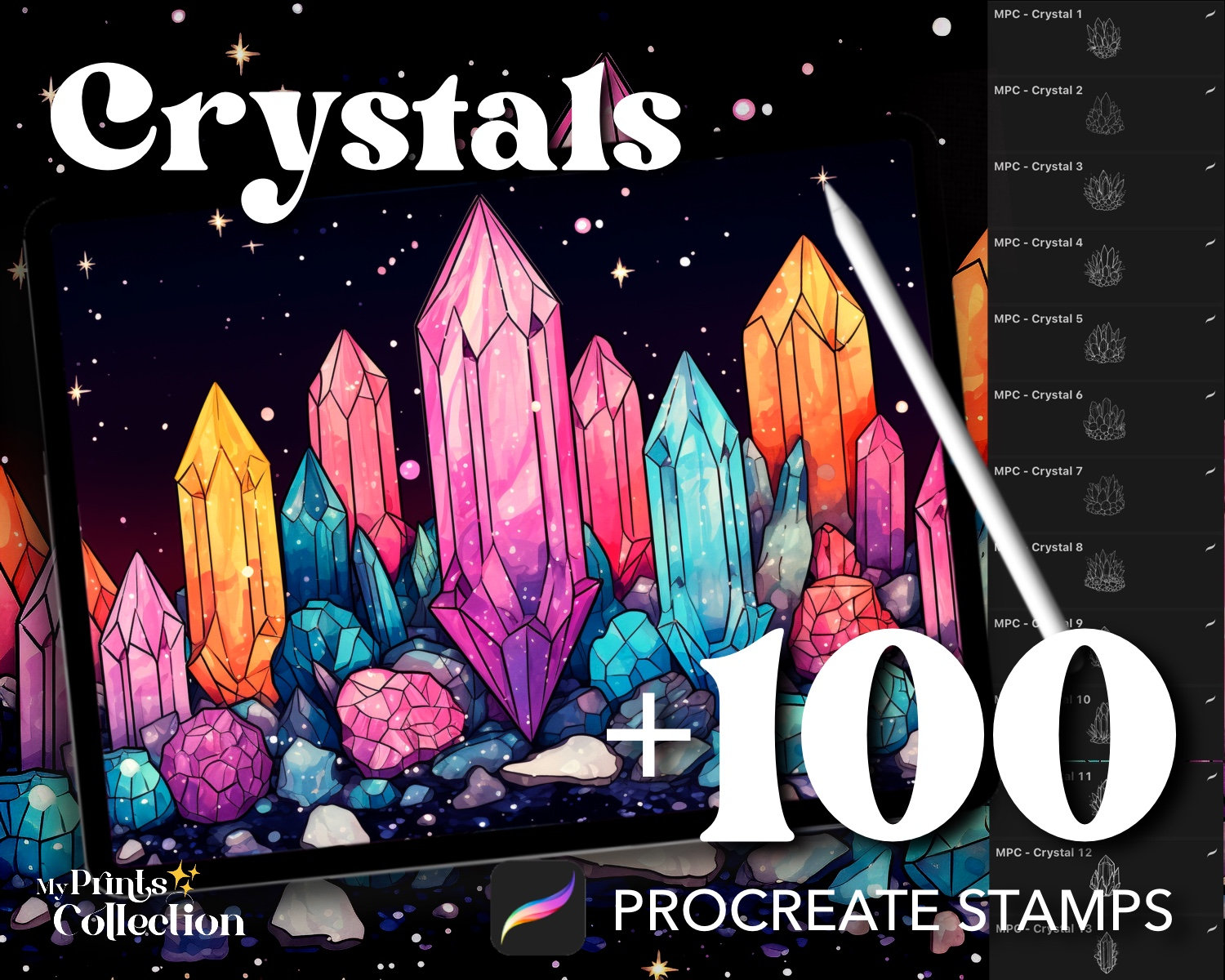 100+ Carimbos de Cristal para Procreate — Gemas, Brilhos, Horror e Pincéis Sobrenaturais (Download Digital)