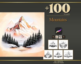 Mountains Procreate Stamps & Photoshop Brushes – 100+ Place House Landscape Magical Whimsical Tattoo, Illustration, Stencil, Brush Pack