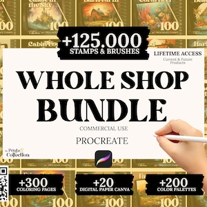 125.000+ Whole Store Bundle Procreate Stempel und Pinsel, 200+ Farbpaletten, 300+ Malseiten, Papierleinwand, nahtlose Texturen