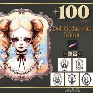 Doll Gothic with Mirror Halloween Procreate Stamps & Photoshop Brushes – 100+ Tattoo, Drawing, Digital Art, Clipart, Line Art, Brush Pack