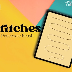 Peut inclure: Une illustration numérique d'une brosse Procreate appelée "Stitches" sur l'écran d'une tablette. La brosse crée un effet de ligne pointillée, ressemblant à des points de suture. La tablette est sur un fond jaune, rose et bleu.