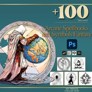 Arcane Spellbooks Symbols Warrior Realistic Photoshop Brushes & Procreate Stamps – 100+ Fantasy Creatures, Clipart, Line Art, Stencil