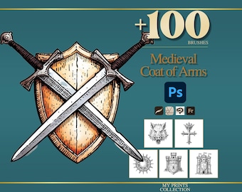 Coat of Arms Medieval Photoshop Brushes & Procreate Stamps – 100+ Woodcut Tattoo, Digital Art, Clipart, Line Art, Stencil