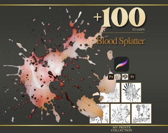 Blood Splatter Halloween Procreate Stamps & Photoshop Brushes – 100+ Tattoo, Drawing, Digital Art, Clipart, Line Art, Brush Pack