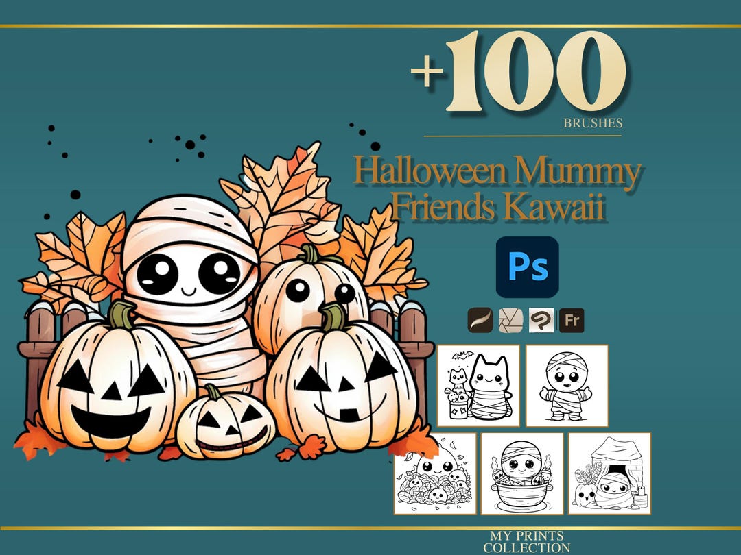 Mummy Friends Kawaii Halloween Photoshop Brushes & Procreate Stamps ...