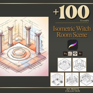 Könnte beinhalten: Digitaler Kunstdruck einer isometrischen Hexenraum-Szene mit einer detaillierten Skizze eines Raumes mit Säulen und einer zentralen kreisförmigen Struktur. Der Text "+100 STAMPS" und "Isometric Witch Room Scene" ist enthalten.