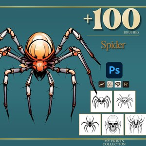 May include: Digital art featuring a stylized spider with an orange and red body, gray legs, and a teal background. The image includes the text "+100 BRUSHES Spider" and icons for Photoshop and other design tools. Additional spider illustrations are also shown.