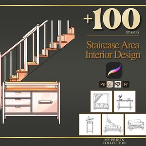 Treppenbereich Interior Design Procreate Stempel & Photoshop Pinsel - 100+ Haus Wohnkultur Planer Plan Möbel Skizze Kit Grundriss