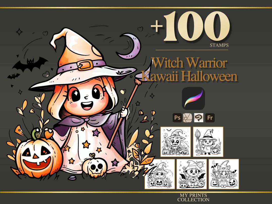 Witch Warrior Kawaii Halloween Procreate Stamps & Photoshop Brushes ...