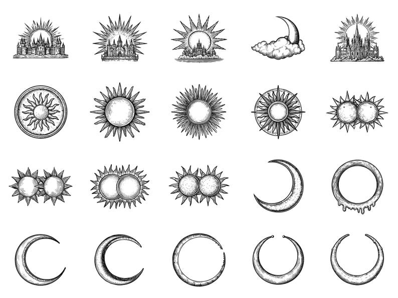 Sun and Moon Medieval Photoshop Brushes & Procreate Stamps – 100 ...
