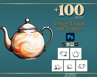 May include: A digital collection of over 100 brushes featuring vintage teapots and teacups. The graphic displays a large, illustrated teapot with orange and white swirls, alongside text reading +100 BRUSHES Vintage Teapots and Teacups, with Ps icons.