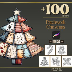 Könnte beinhalten: Illustration eines bunten Patchwork-Weihnachtsbaums mit einem Stern oben. Das Bild enthält den Text "+100 STAMPS" und "Patchwork Christmas". Zusätzliche Symbole von weihnachtlichen Stempeln sind ebenfalls abgebildet.