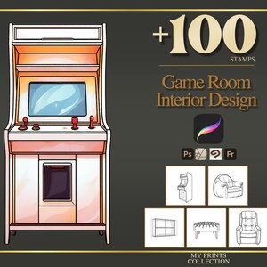 Könnte beinhalten: Eine digitale Illustration eines Retro-Spielautomaten mit Bildschirm und Joystick-Steuerung. Der Text lautet +100 STAMPS Game Room Interior Design. Software-Symbole befinden sich über fünf kleinen quadratischen Strichzeichnungen von Möbeln.