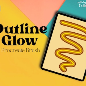 May include: A digital illustration of a yellow and brown outline glow brush stroke on a beige background. The brush stroke is a wavy line. The image is on a tablet screen. The text "Outline Glow Procreate Brush" is on a yellow background.