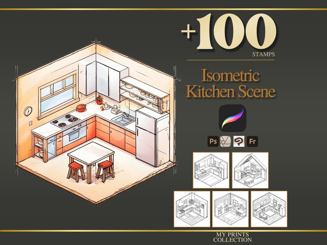Isometric Kitchen Scene Procreate Stamps & Photoshop Brushes – 100 ...