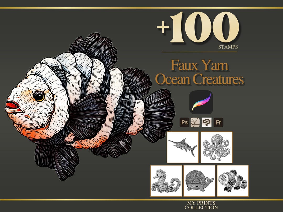 Faux Yarn Ocean Creatures Procreate Stamps & Photoshop Brushes – 100 ...