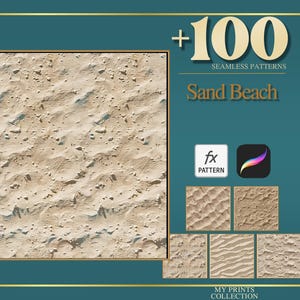 Pode incluir: Gráfico de arte digital com uma textura detalhada de praia de areia. A imagem inclui o texto "+100 Seamless Patterns" e "Sand Beach". Ícones e amostras de padrões adicionais também são visíveis.