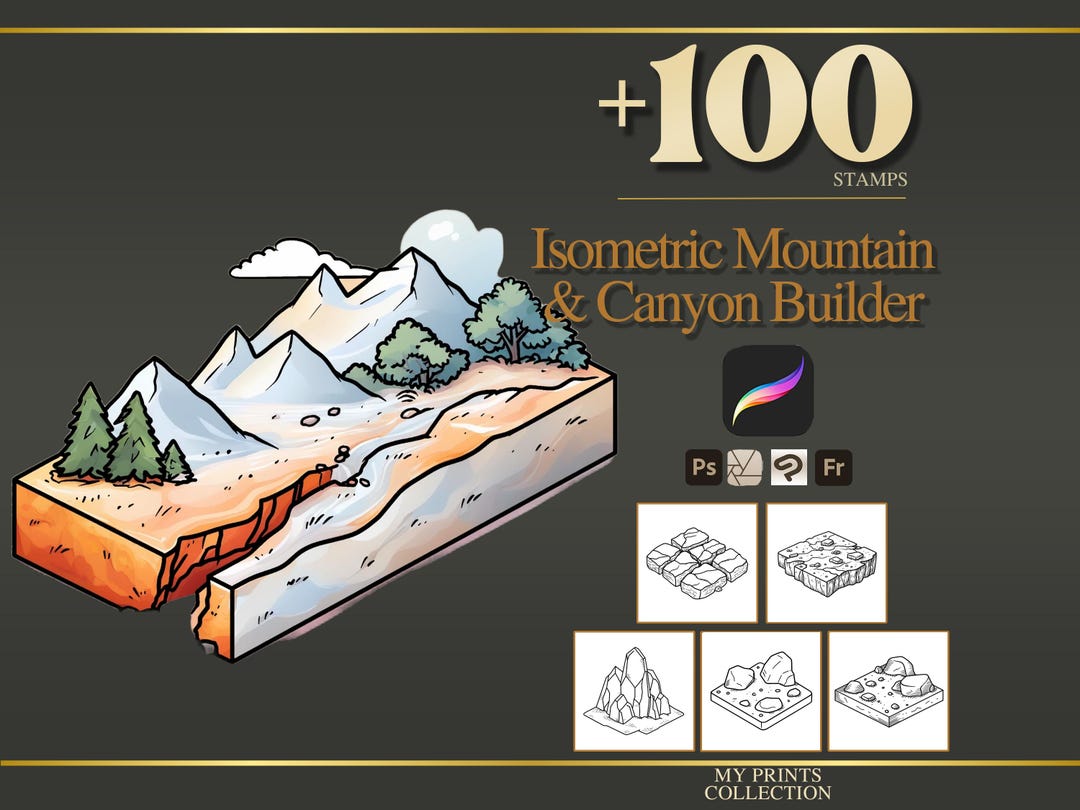Isometric Mountain and Canyon Builder Procreate Stamps & Photoshop ...
