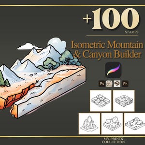 May include: An illustration of an isometric mountain and canyon builder with the text "+100 Stamps". The image features a stylized landscape with mountains, trees, and a canyon. The Procreate app logo is also visible.