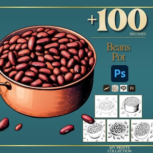 Könnte beinhalten: Illustration eines Kupfertopfes voller roter Bohnen, mit einigen verstreuten Bohnen. Das Bild enthält den Text "+100 BRUSHES" und "Beans Pot Ps". Zusätzliche Symbole und Skizzen von Bohnen sind ebenfalls auf einem türkisblauen Hintergrund vorhanden.