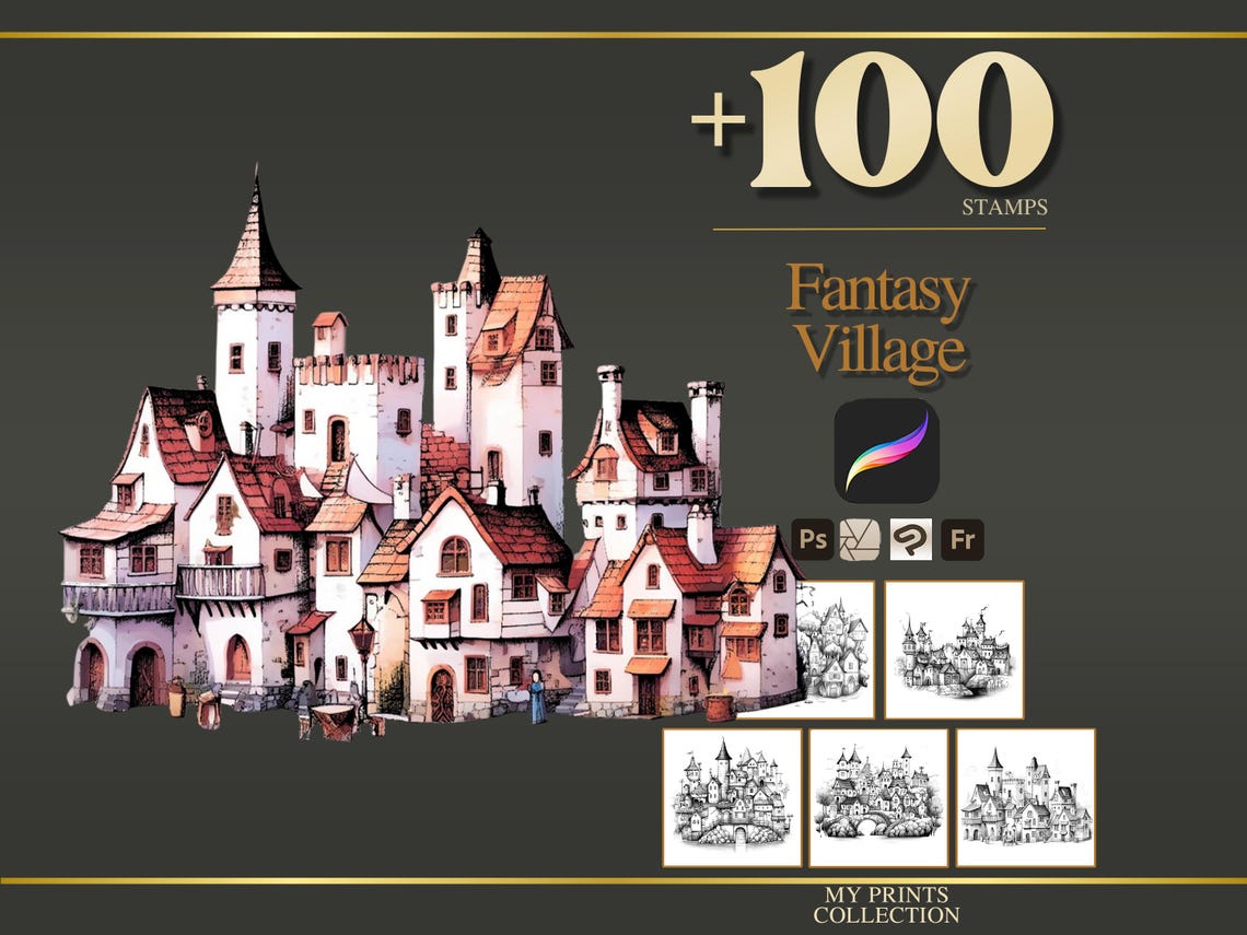 Fantasy Village Procreate Stamps & Photoshop Brushes – 100+ Place House ...
