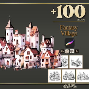 Fantasy Village Procreate-stempels en Photoshop-penselen – 100+ plaatsen huislandschap magisch grillig tatoeage, illustratie, sjabloon, penseelpakket