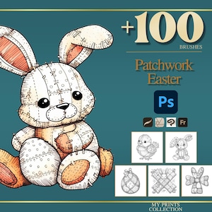 Könnte beinhalten: Digitales Kunstwerk mit einem Patchwork-Osterhasen mit orangefarbenen und weißen Akzenten. Das Bild enthält den Text "+100 BRUSHES" und "Patchwork Easter" sowie Symbole und Illustrationen von Ostermotiven.