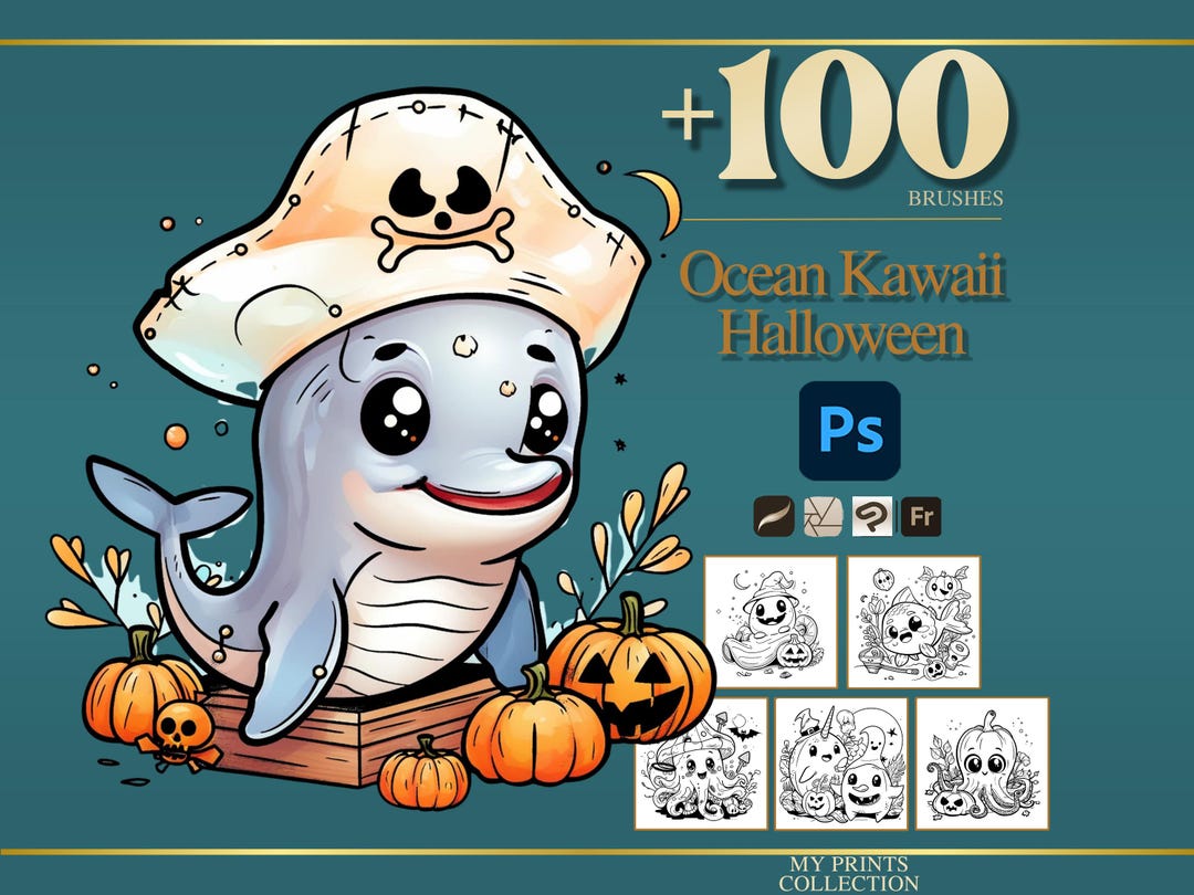Ocean Kawaii Halloween Photoshop Brushes & Procreate Stamps – 100 ...