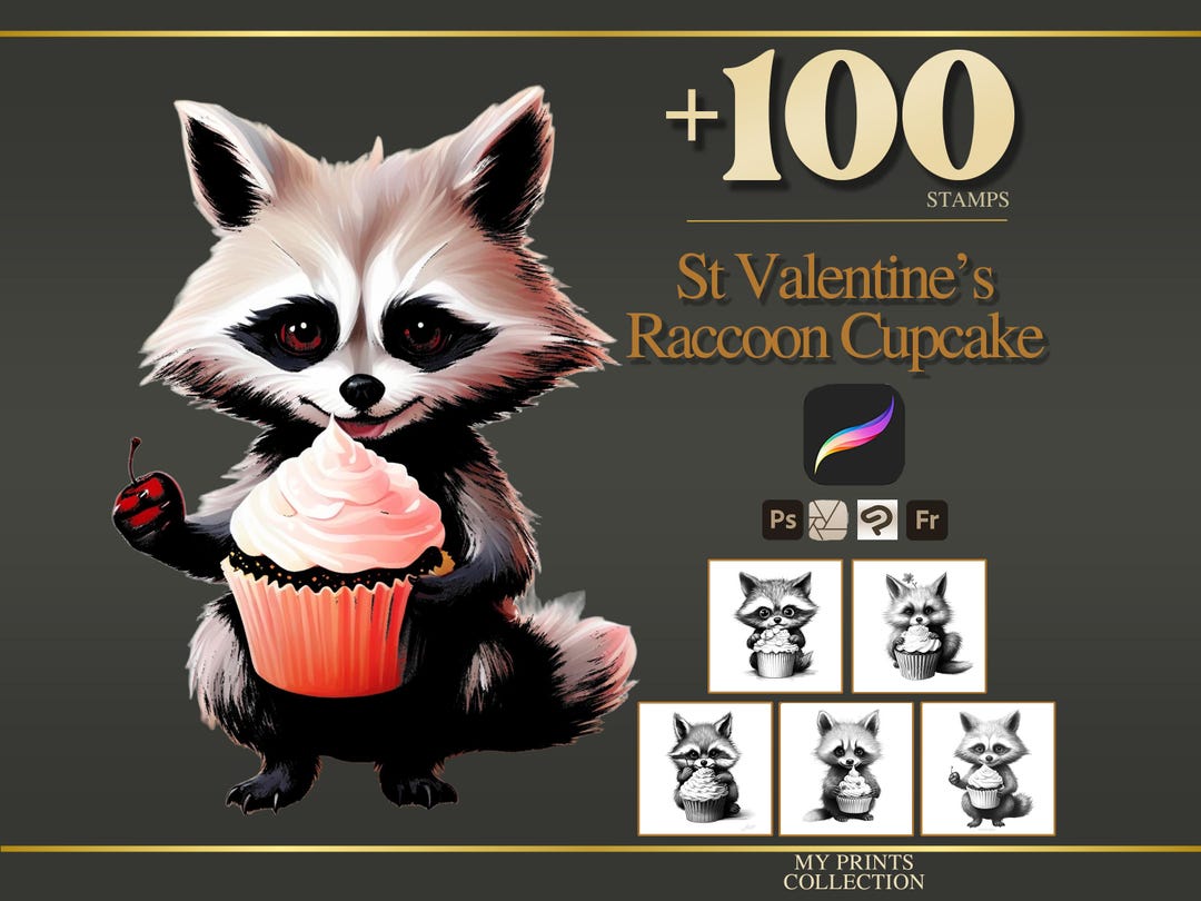 St Valentines Raccoon Cupcake Procreate Stamps & Photoshop Brushes ...