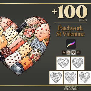 Könnte beinhalten: Digitales Kunstwerk mit einem herzförmigen Patchwork-Design mit verschiedenen Mustern und Farben. Der Text "Patchwork St Valentine" und "+100 STAMPS" sind ebenfalls zu sehen. Enthält Herz-Design-Beispiele.