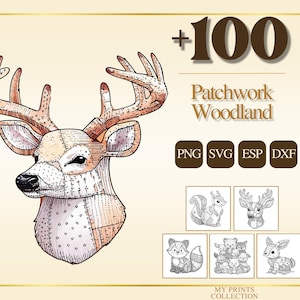 Waldtier Patchwork PNG Bundle - 100+ Fashion Quilt Texture, Cricut & Silhouette Dateien, SVG, DXF, Eps - Line Art, Schablone, digitale Cra