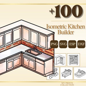 May include: Isometric kitchen builder illustration featuring a corner kitchen unit with cabinets, a sink, and a brick backsplash. The image includes the text "+100 Isometric Kitchen Builder" and file type icons.