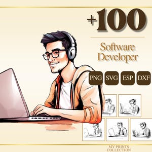 Könnte beinhalten: Illustration eines Softwareentwicklers mit Kopfhörern und Brille, der an einem Laptop arbeitet. Das Bild enthält den Text "+100 Software Developer" und Dateityp-Symbole: PNG, SVG, ESP und DXF. Zusätzliche Skizzen sind ebenfalls enthalten.