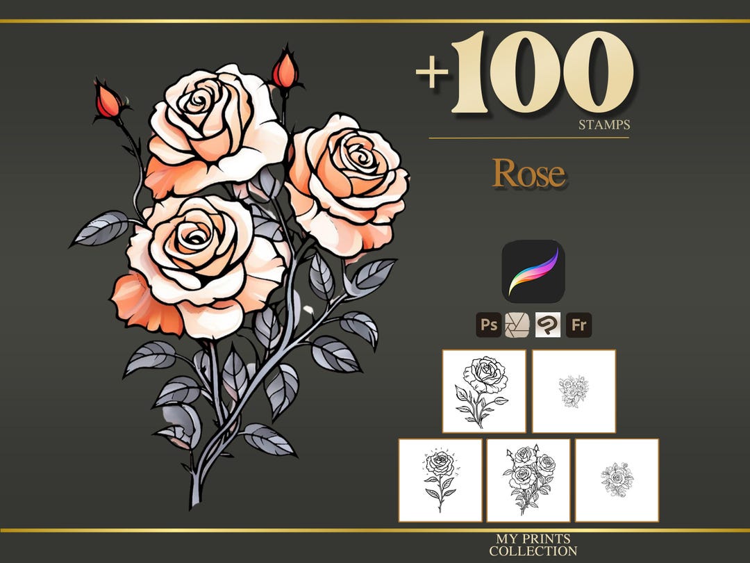 Roses Procreate Stamps & Photoshop Brushes – 100+ Flower Botanical ...
