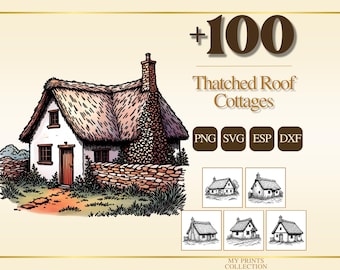 May include: A digital collection of 100 thatched roof cottage illustrations featuring a large colored drawing of a cottage with a stone chimney and wall, alongside smaller black and white versions. Text includes +100 Thatched Roof Cottages, PNG, SVG, ESP, DXF.