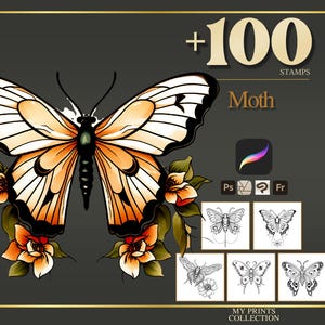 Moth Procreate Stamps & Photoshop Brushes – 100+ Tattoo Realistic Insect Butterfly Bug, Illustration, Line Art, Stencil, Brush Pack