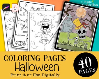 40 Halloween Coloring Pages Printable PDF + Procreate Digital Coloring File, Kids & Adults Coloring Book, Bonus Crayon Procreate Brushes