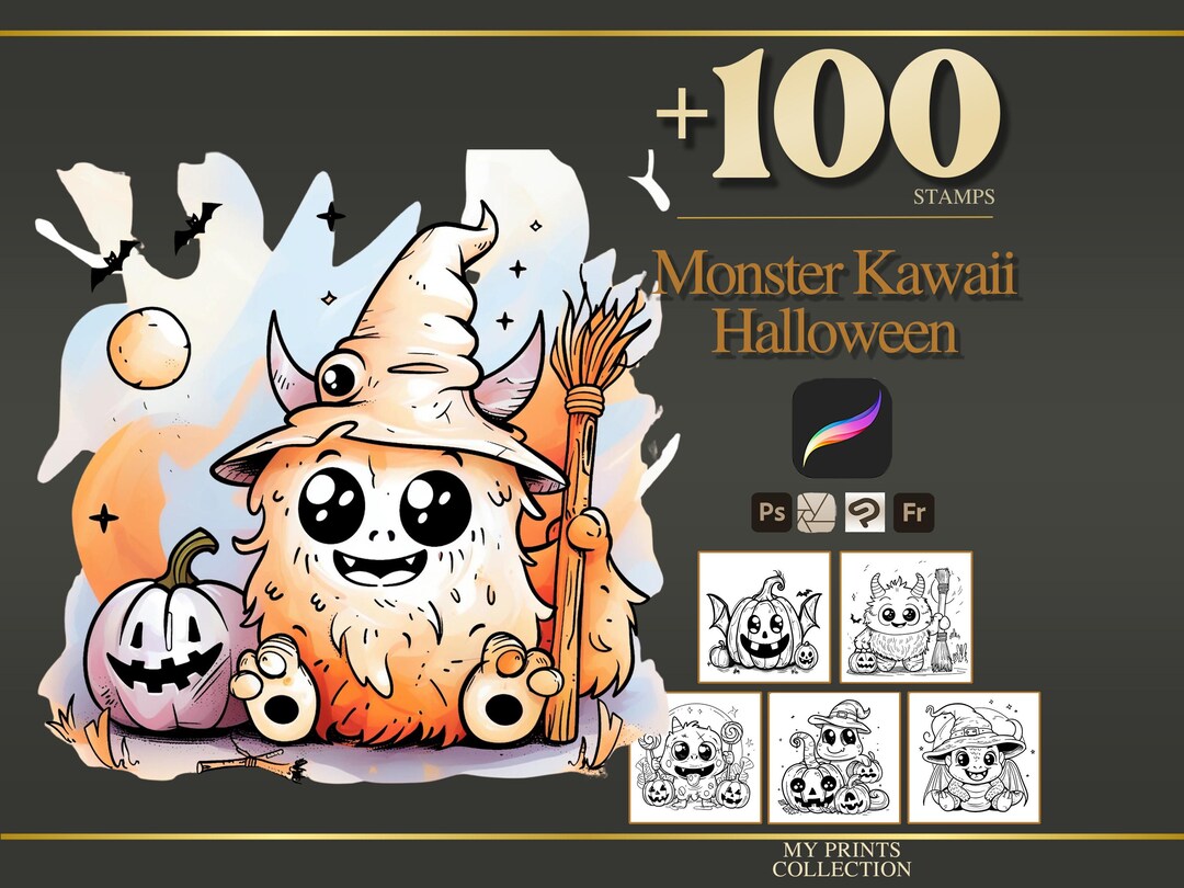 Monster Kawaii Halloween Procreate Stamps & Photoshop Brushes – 100 ...