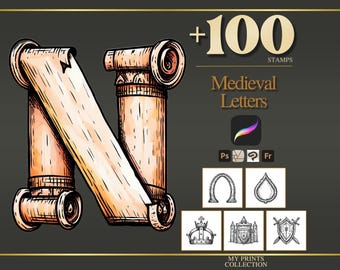Letters Medieval Procreate Stamps & Photoshop Brushes – 100+ Woodcut Tattoo, Digital Art, Clipart, Line Art, Brush Pack