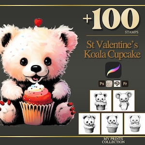 Pacote de Carimbos e Pincéis para Procreate e Photoshop com Tema de Cupcake de Koala para o Dia dos Namorados – Mais de 100 opções de tatuagens, desenhos de linha, estênceis e pincéis para o Dia dos Namorados com o tema romance e amor.