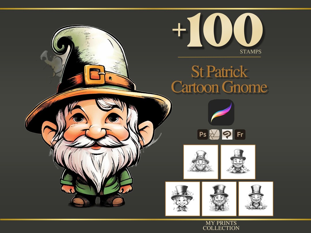 St Patrick Cartoon Gnome Procreate Stamps & Photoshop Brushes – 100 ...