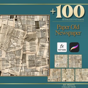Pode incluir: Uma colagem de recortes de jornais antigos, rasgados e amassados, em tons de bege e castanho. O texto "+100 SEAMLESS PATTERNS" e "Paper Old Newspaper" é exibido em dourado. Ícones e amostras de padrões também são mostrados.