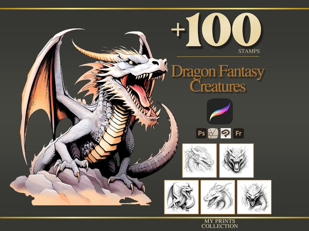 Dragon Procreate Stamps & Photoshop Brushes – 100+ Fantasy Creatures ...