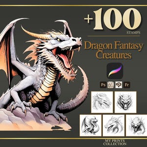 Sellos de dragones para Procreate y pinceles para Photoshop: más de 100 criaturas fantásticas para tatuajes, ilustraciones, dibujos lineales, plantillas y paquete de pinceles.