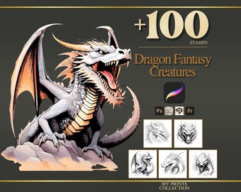 Dragon Procreate-stempels en Photoshop-penselen – 100+ fantasiewezens tatoeage, illustratie, zeer fijne tekeningen, stencil, penseelpakket