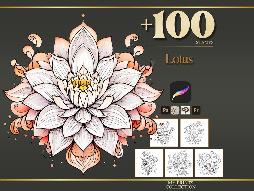 Lotus Procreate Stamps & Photoshop Brushes – 100+ Flower Botanical ...