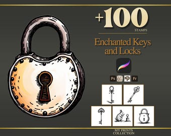 Enchanted Keys and Locks Procreate Stamps, 100+ Vintage Lock & Skeleton Key Brush Set, Cottagecore Fantasy Digital Download