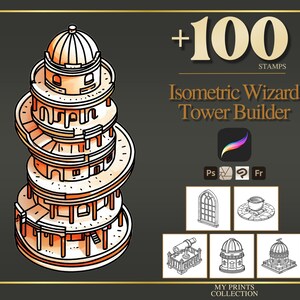 Isometric Wizard Tower Builder Procreate Stamps & Photoshop Brushes – 100+ Clipart, Illustration, Line Art, Stencil, Brush Pack